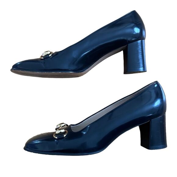 SOLD:Gucci Women's Gold Horsebit Navy Blue Block Heels Size 38C, 8 Wide - Picture 3 of 11